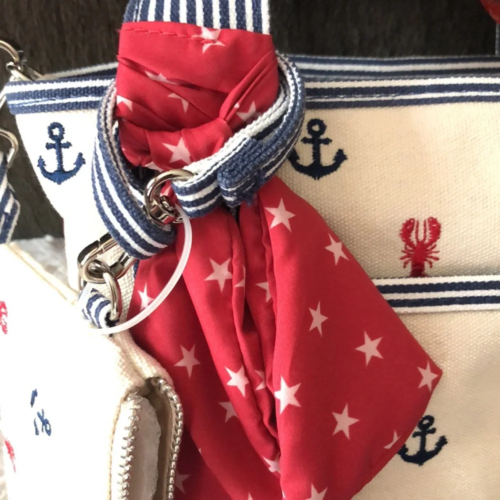 Nautical Anchor Print Cream Canvas Crossbody Bag Mini Tote with Red Scarf - Picture 3 of 14